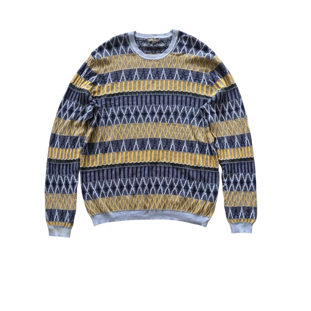 ASOS Mens XL Geometric Knit Sweater Blue Mustard Cotton Grandpa Y2K Streetwear